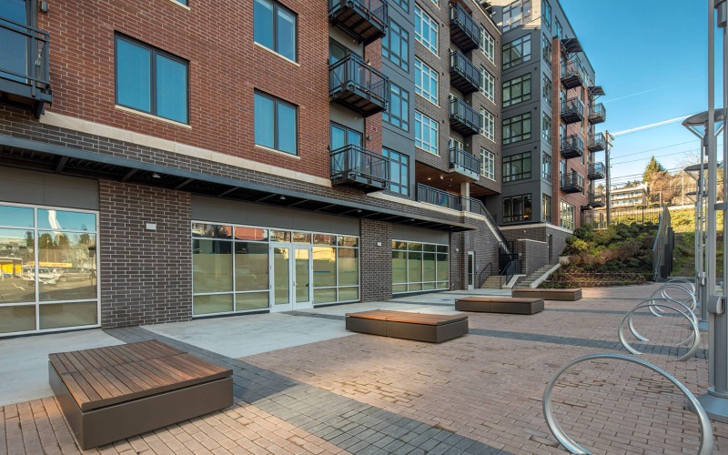 Courtyard box benches in open courtyard behind The Dylan